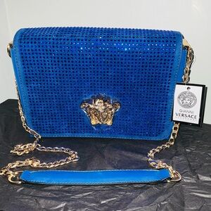 Versace Blue and Gold Crossbody Bag with Medusa Emblem